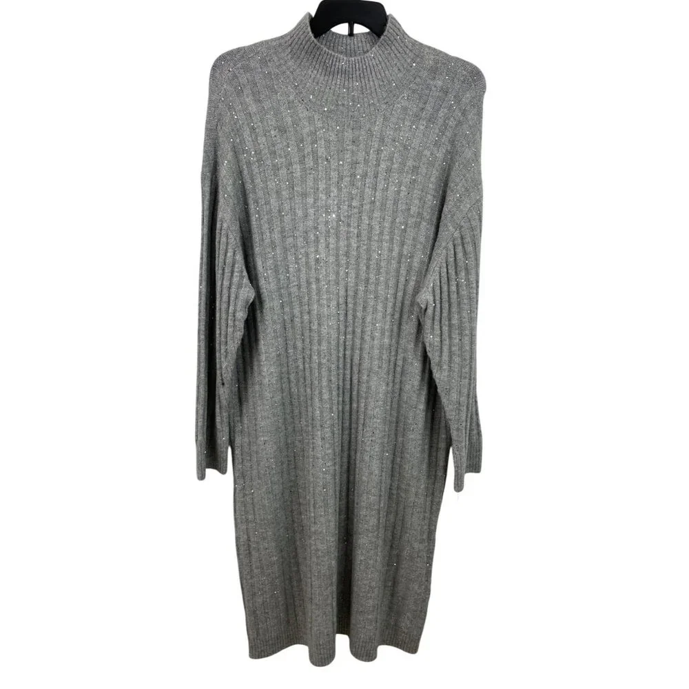 Ophelia Roe Gray Ribbed Knit Sweater Dress Sequins & High Neckline Womens Size 3 - Picture 1 of 9